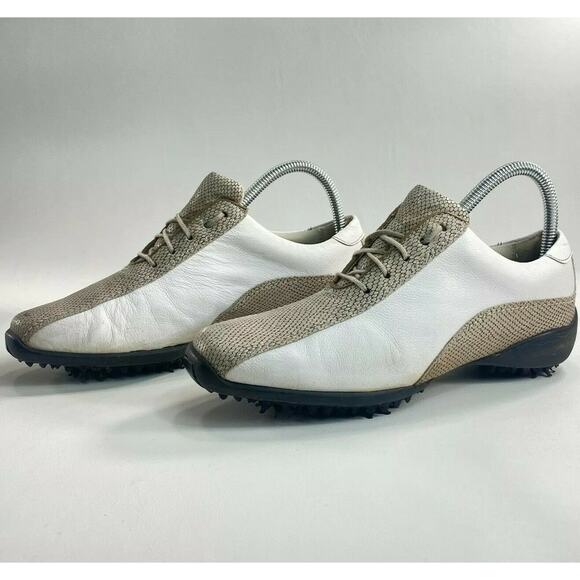 Footjoy LoPro Lace Up Athletic Golf Shoe Womens Size 7 97208 White Tan Leather - Picture 1 of 9